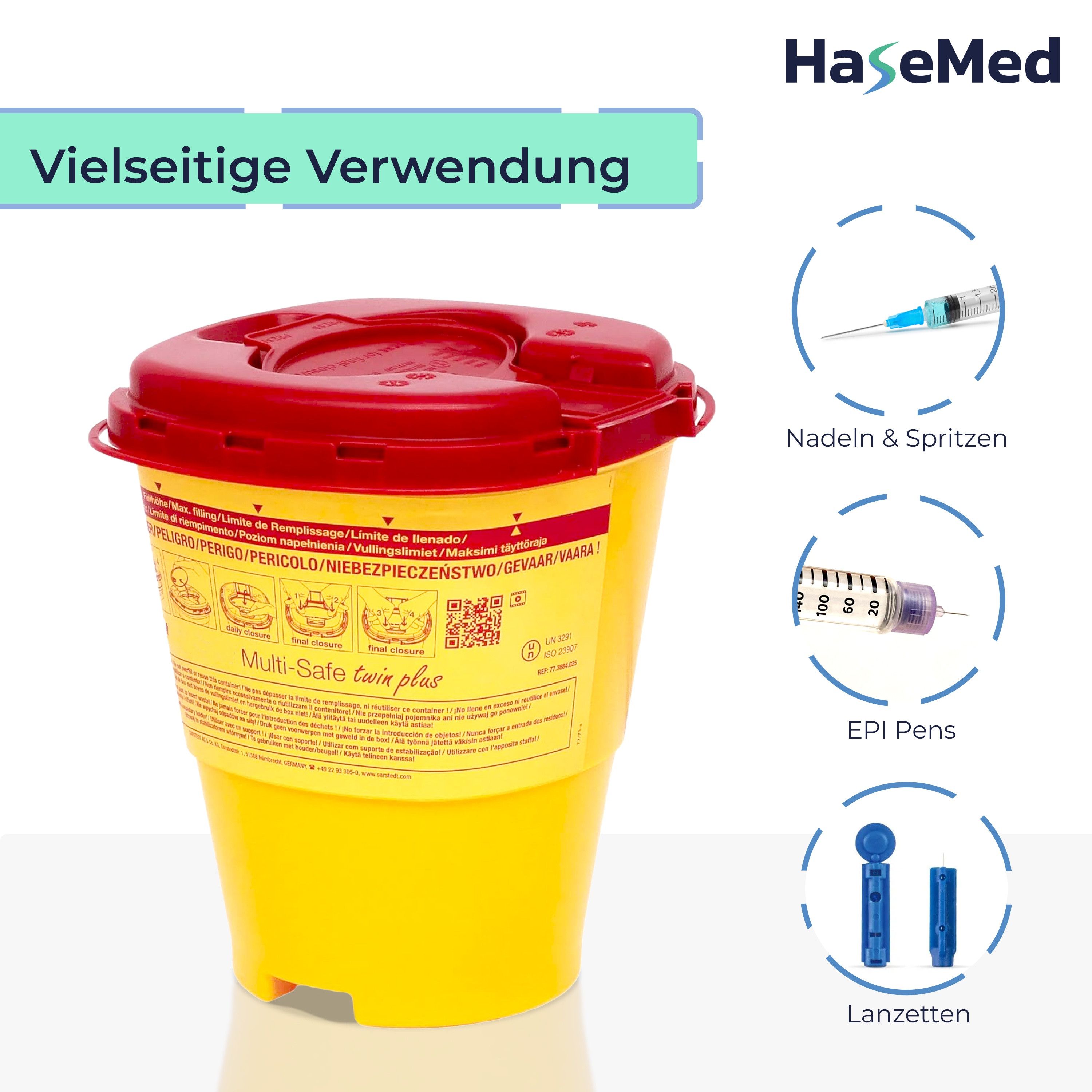 Gelber Kanülensammler mit rotem Deckel. Abbildungen von Nadeln, Spritzen, EPI-Pens und Lanzetten. Text: Vielseitige Verwendung.