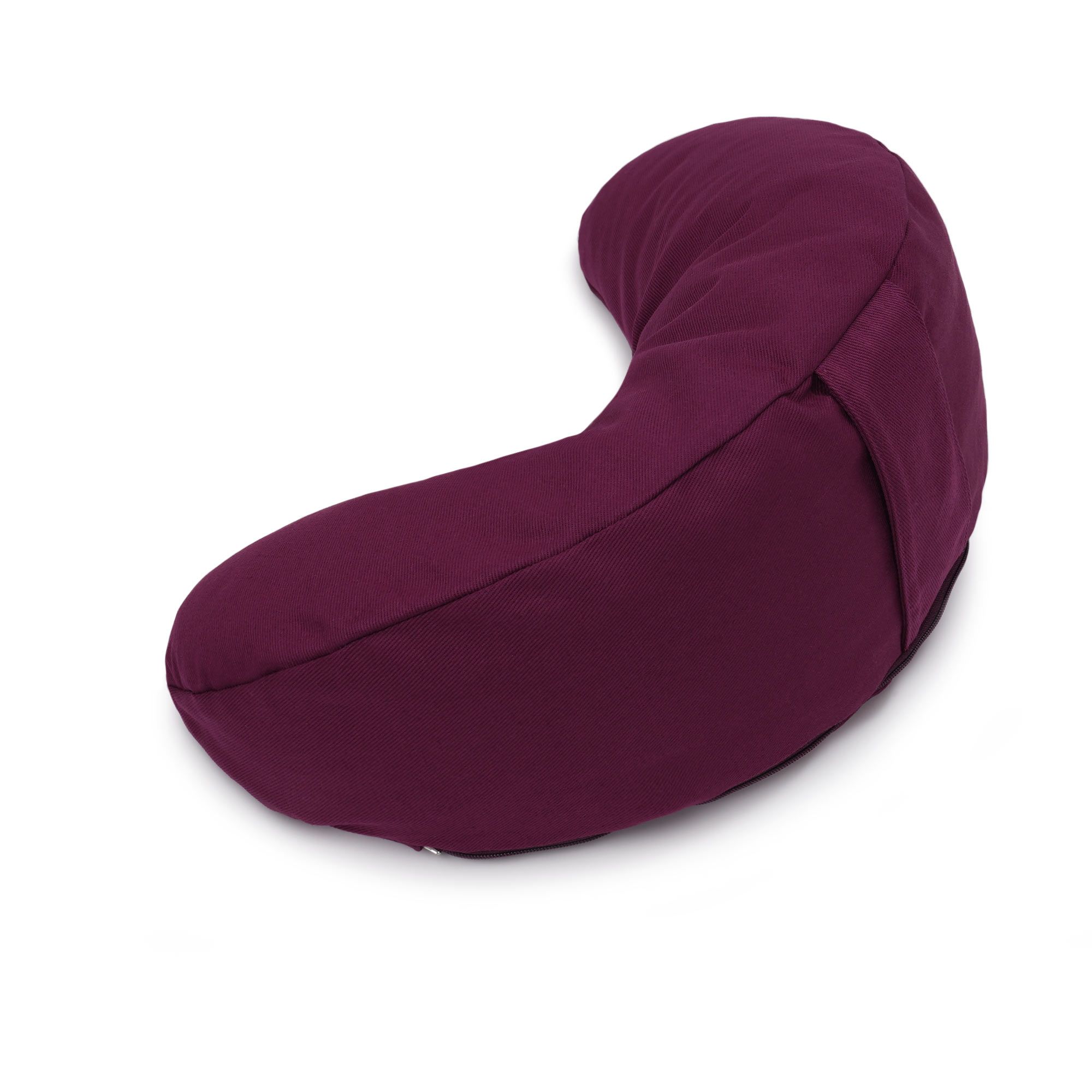 Auberginefarbener Yogabox Glückssitz® MOND D, eine gebogene Nackenrolle.
