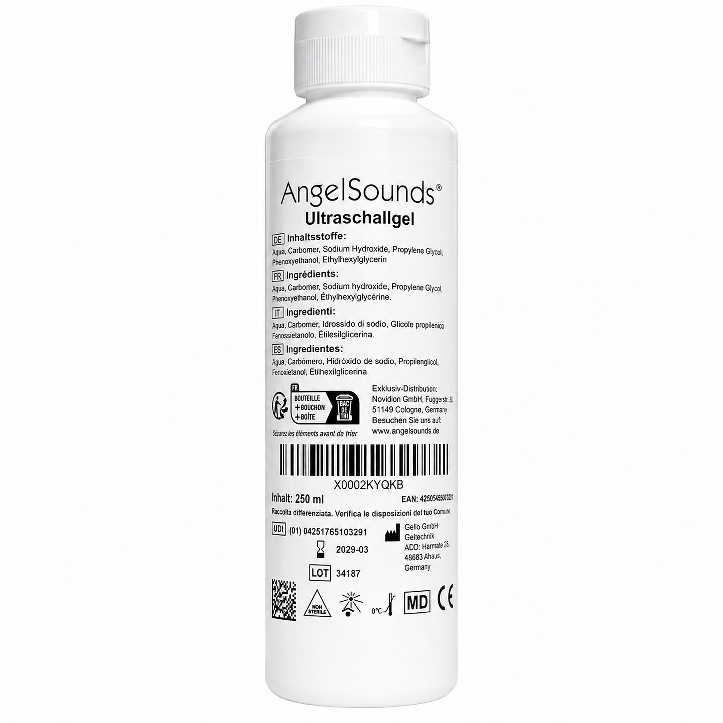 Weiße Flasche mit AngelSounds Ultraschallgel, Rückseite mit Inhaltsstoffen und Chargennummer.