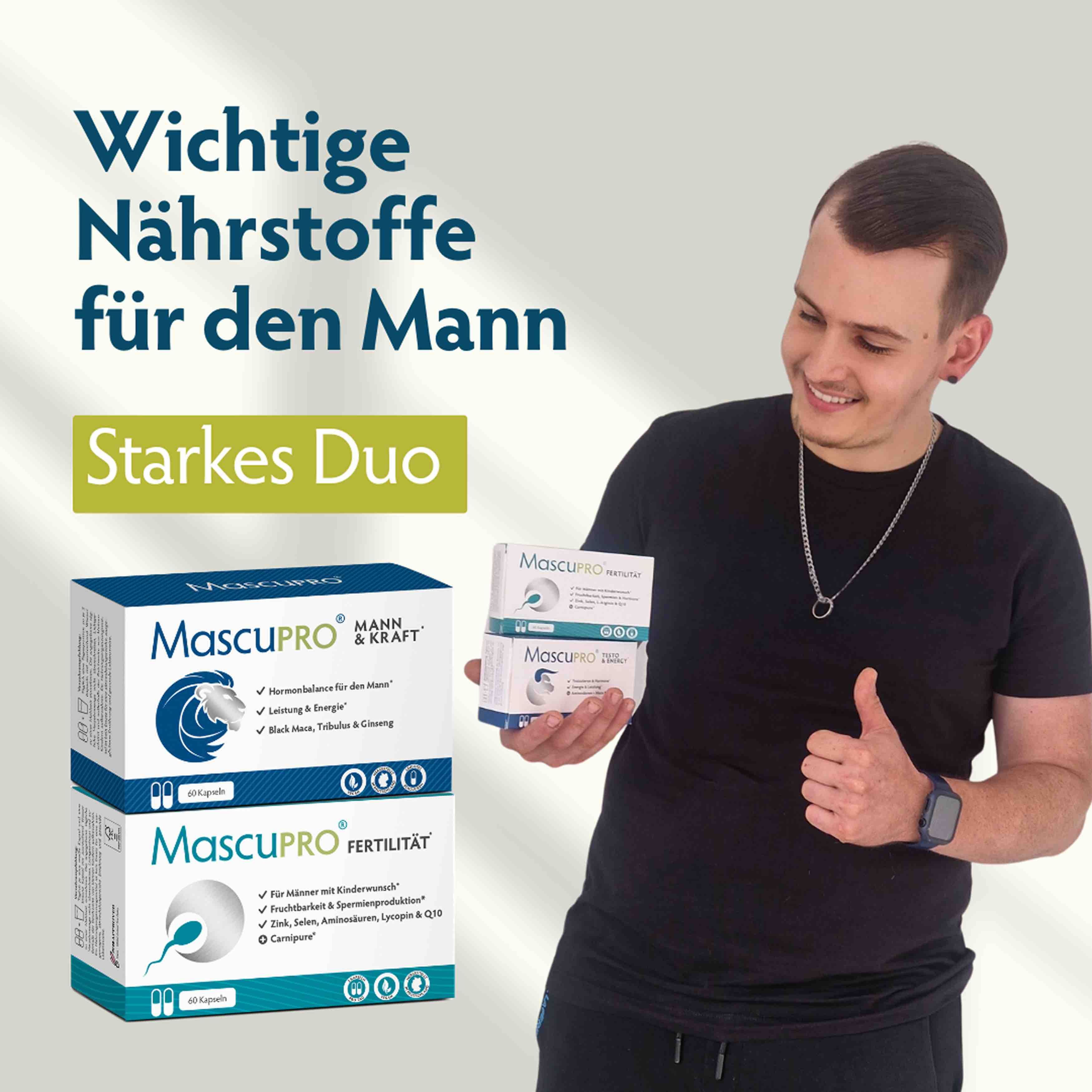 Mann hält zwei MascuPRO®-Schachteln. Text: "Starkes Duo", "Wichtige Nährstoffe für den Mann".