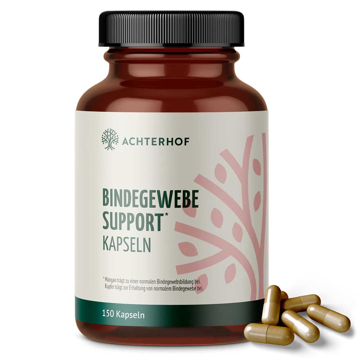 Braune Flasche mit schwarzen Deckel. Aufschrift: Achterhof Bindegewebe Support Kapseln. 150 Kapseln. Einige Kapseln liegen daneben.