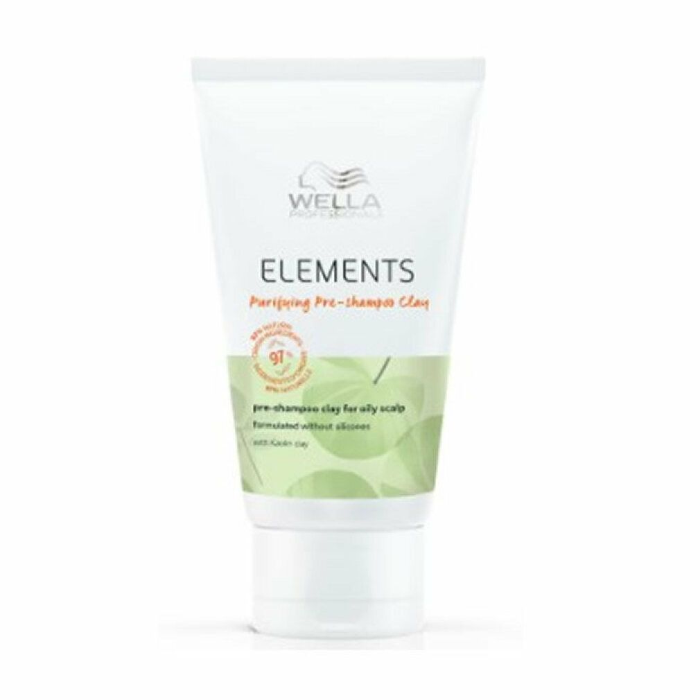 Weiße Tube mit Wella Elements. Text: Purifying Pre-shampoo Clay, 91% Inhaltsstoffe natürlichen Ursprungs. Ohne Silikone.