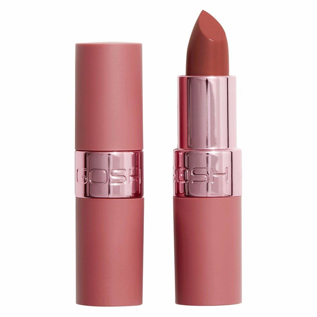 Lippenstift, rosa Hülse, geöffnet und geschlossen. Metallring mit GOSH-Logo. Lippenstiftfarbe: Rosé.