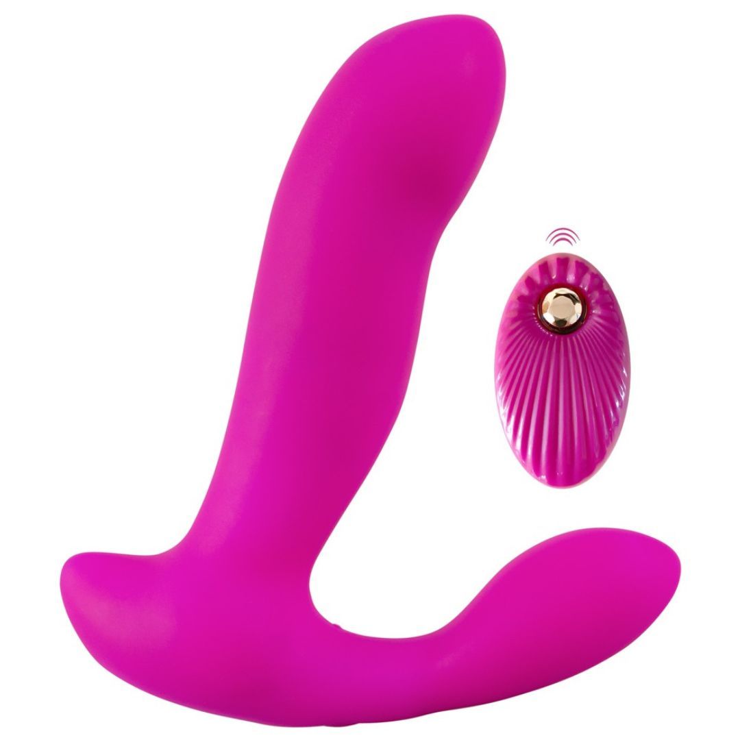 Lila Vibrator mit Fernbedienung. Die Fernbedienung ist oval und hat eine goldene Taste.