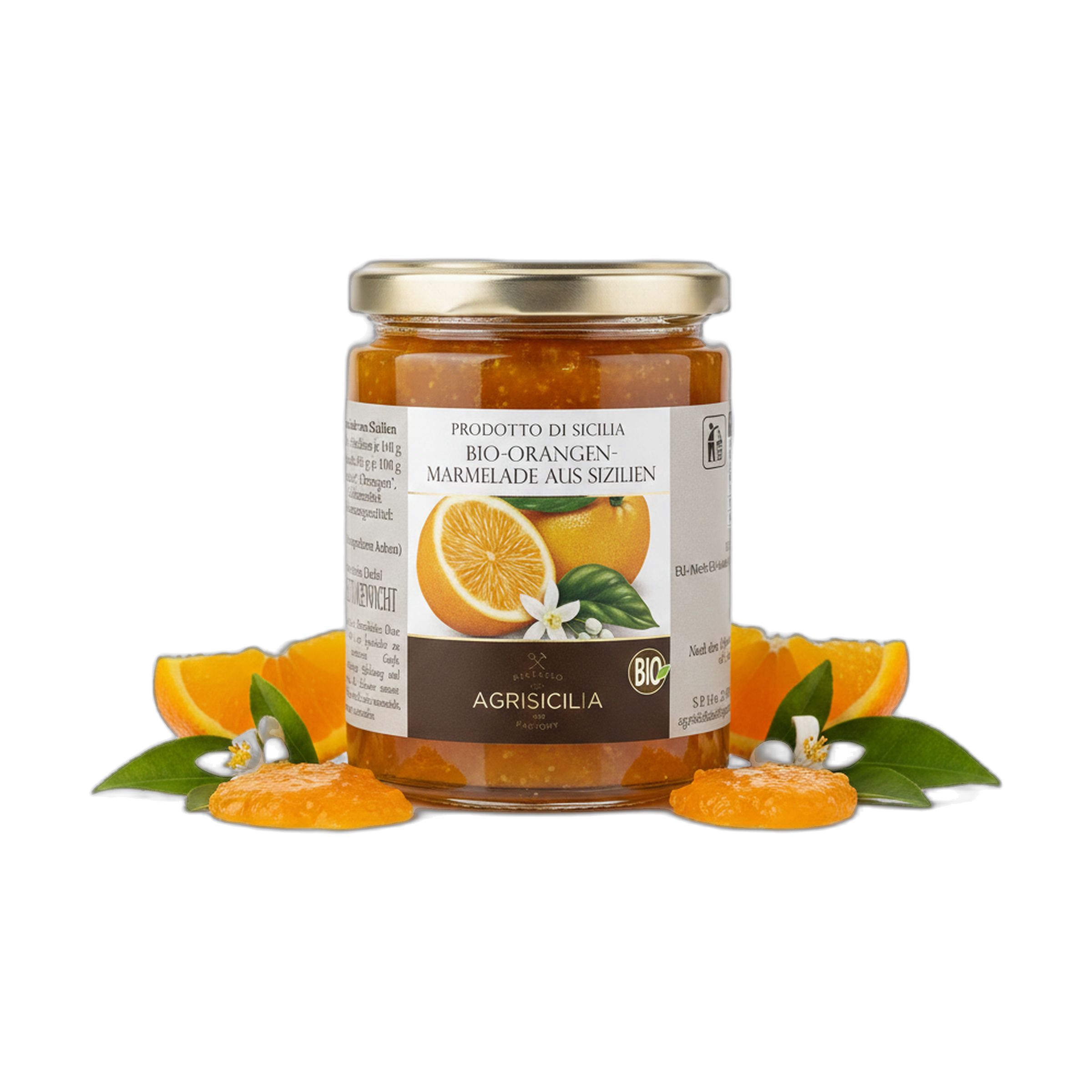 Glas Bio-Orangen-Marmelade aus Sizilien mit frischen Orangen und Blättern.