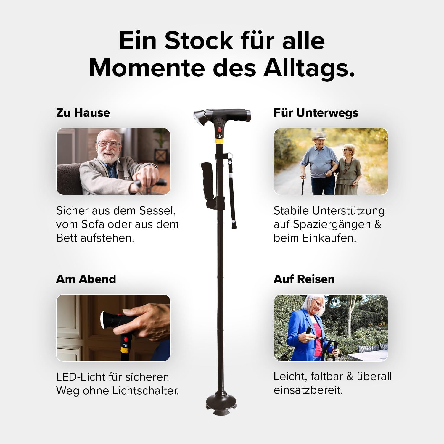 DR-HO'S Get Up & Go Gehstock mit LED-Licht, Alarmknopf & 4-Punkt-Standfuß