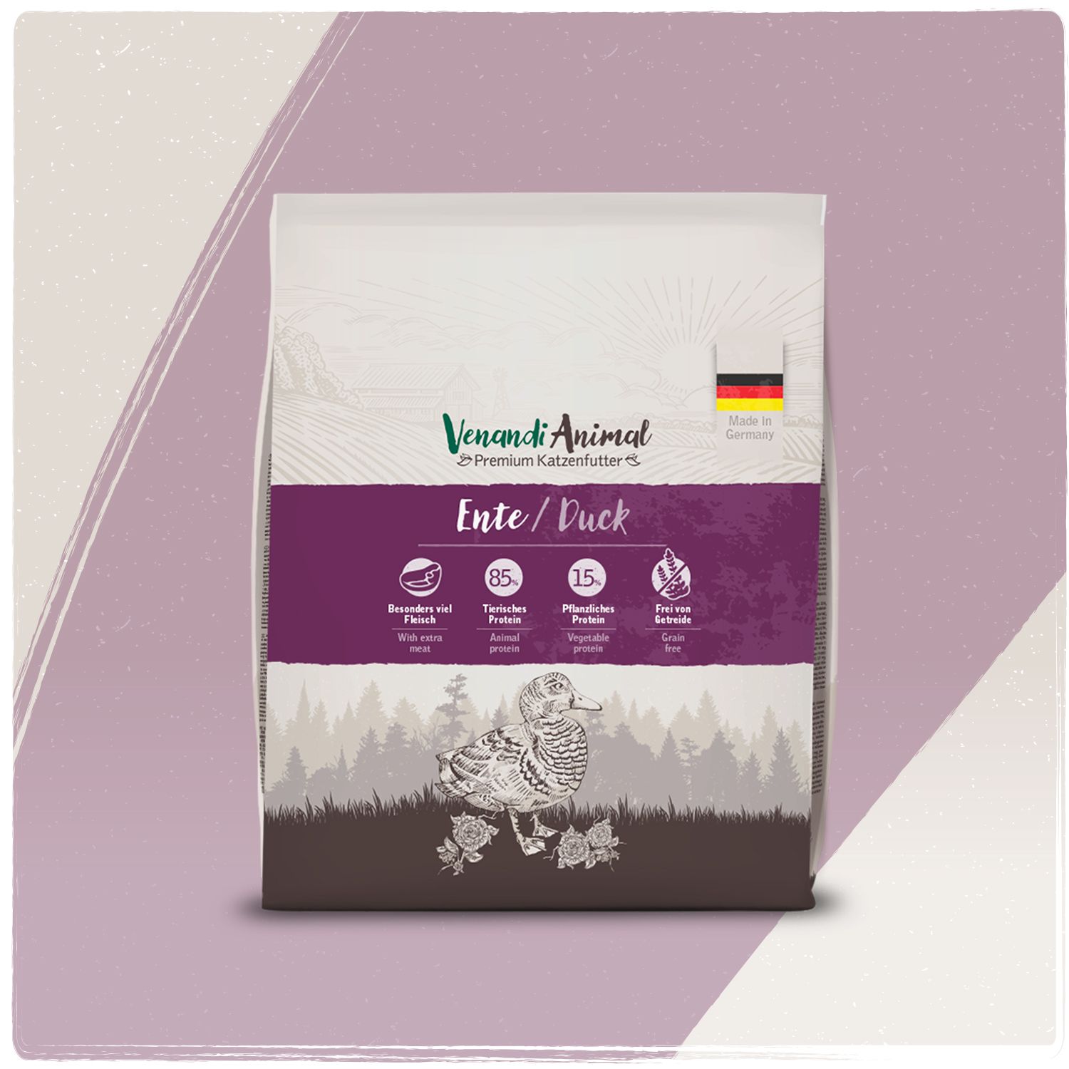 Vorderseite der Packung Venandi Animal Ente Premium Katzenfutter mit deutschen und englischen Produktmerkmalen.