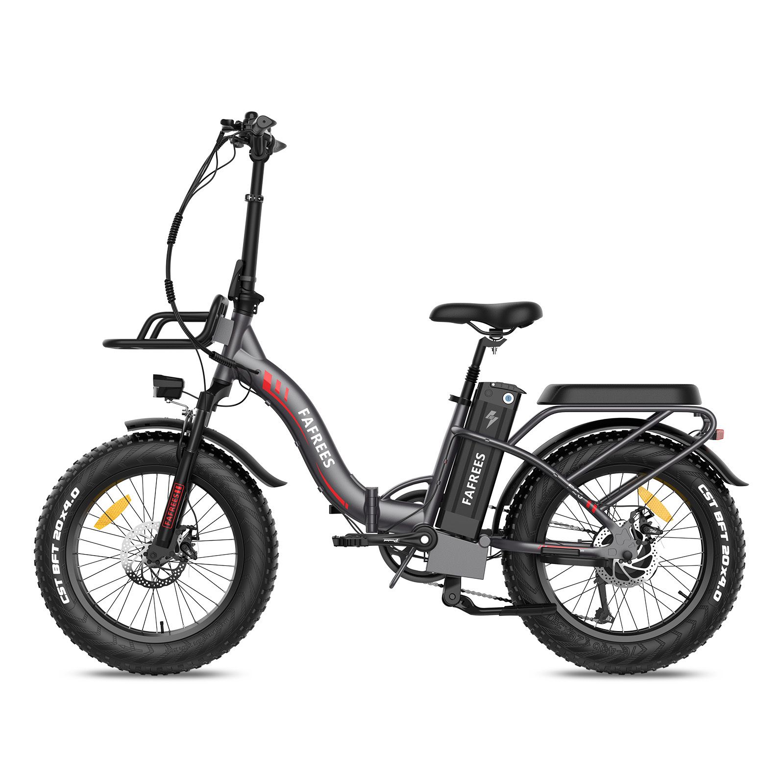 Faltbares E-Bike Fafrees F20 Max, grau mit roten Akzenten. Schwarze Reifen, Gepäckträger und Korb. Marke sichtbar.