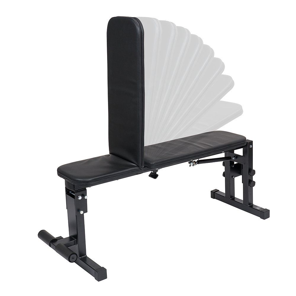 Klappbare Trainingsbank, schwarz, mit verstellbarer Rückenlehne. Gezeigt in verschiedenen Neigungswinkeln.