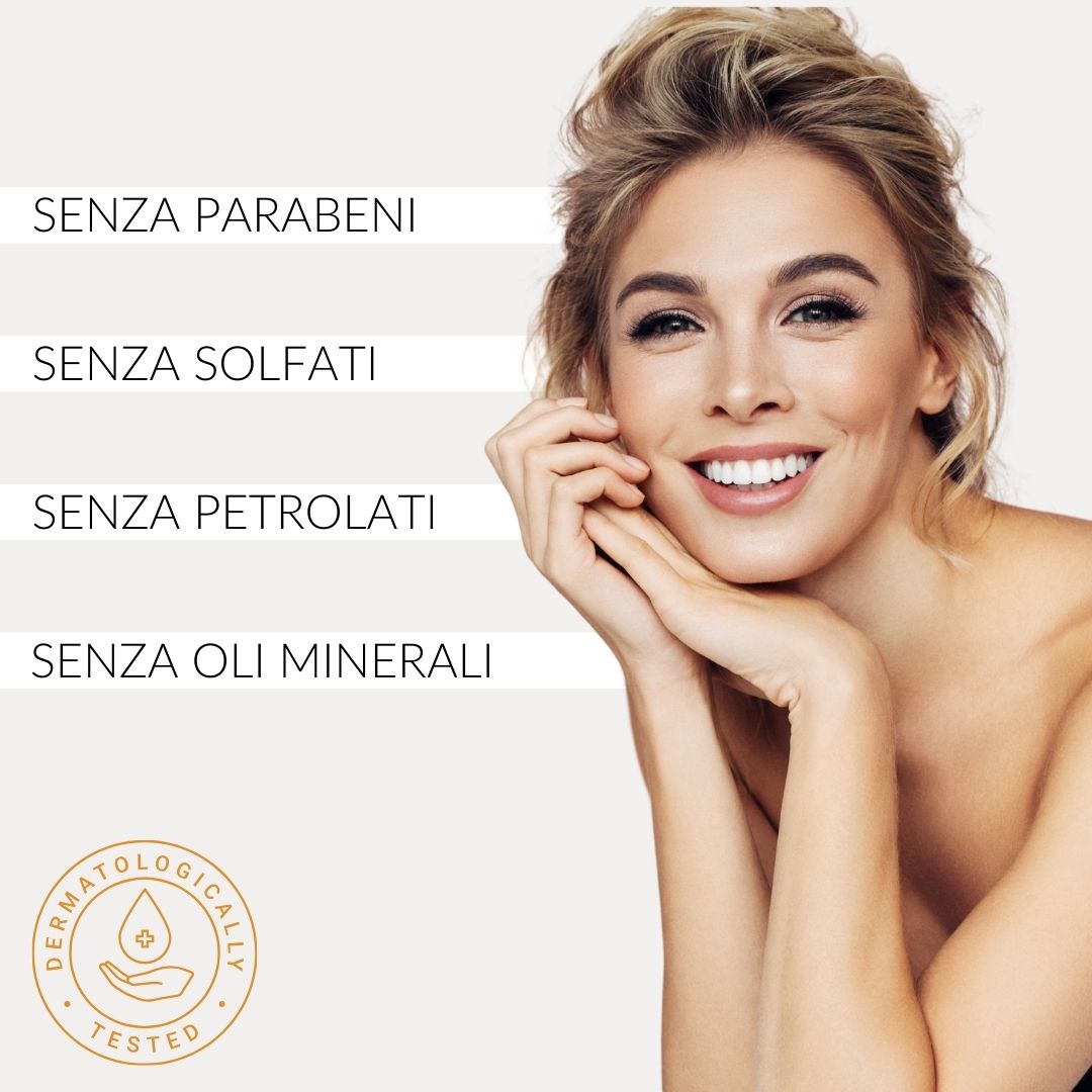 Donna bionda. Testo: Senza parabeni, solfati, petrolati, oli minerali. Dermatologicamente testato.