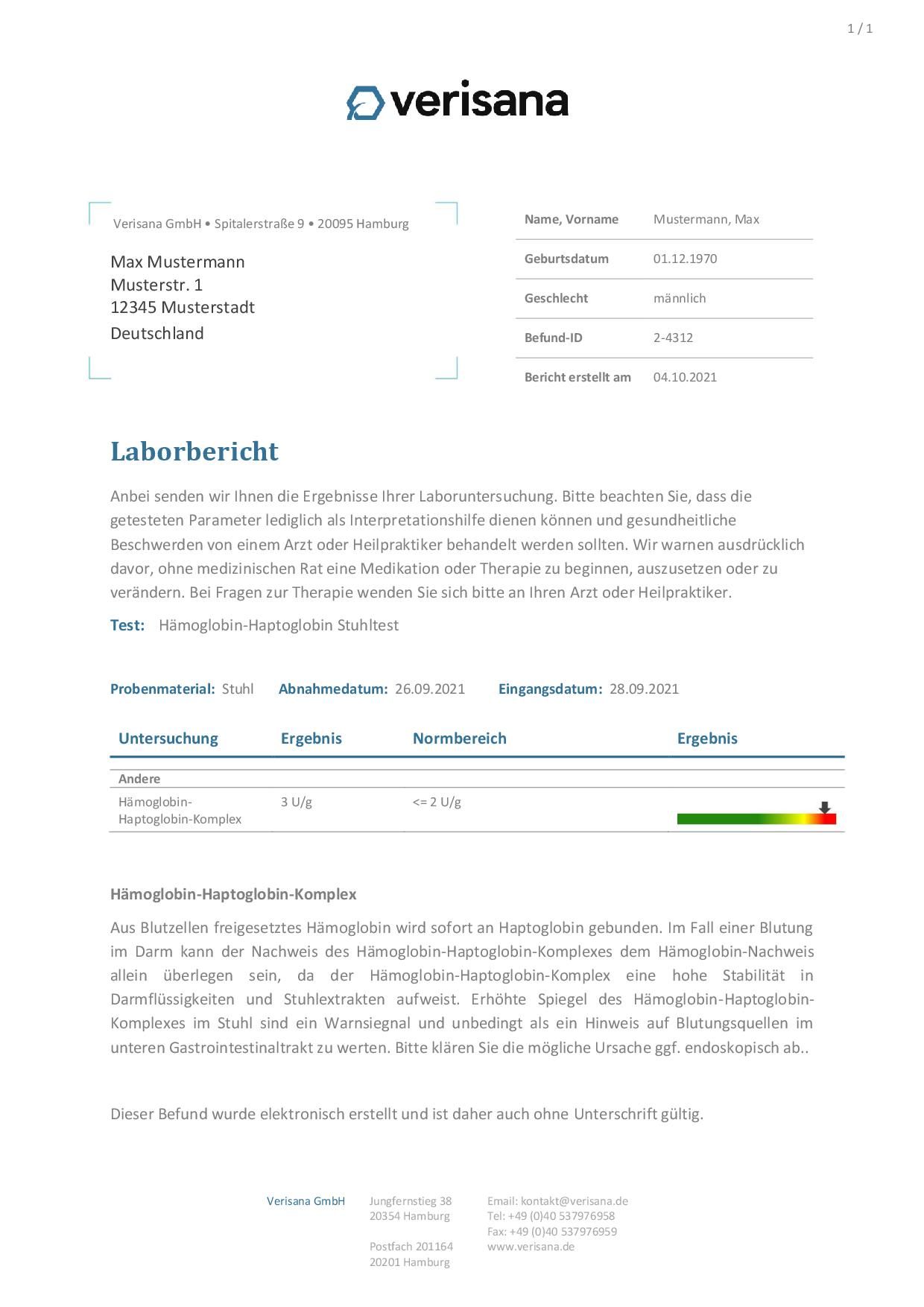 Laborbericht von Verisana. Ergebnisse des Hämoglobin-Haptoglobin Stuhltests. Text mit Testergebnissen und Erläuterungen.