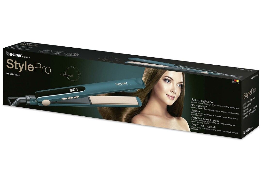 Verpackung des Haarglätters HS 50 Ocean. Marke: beurer. Produktname: StylePro. Abbildung einer Frau.