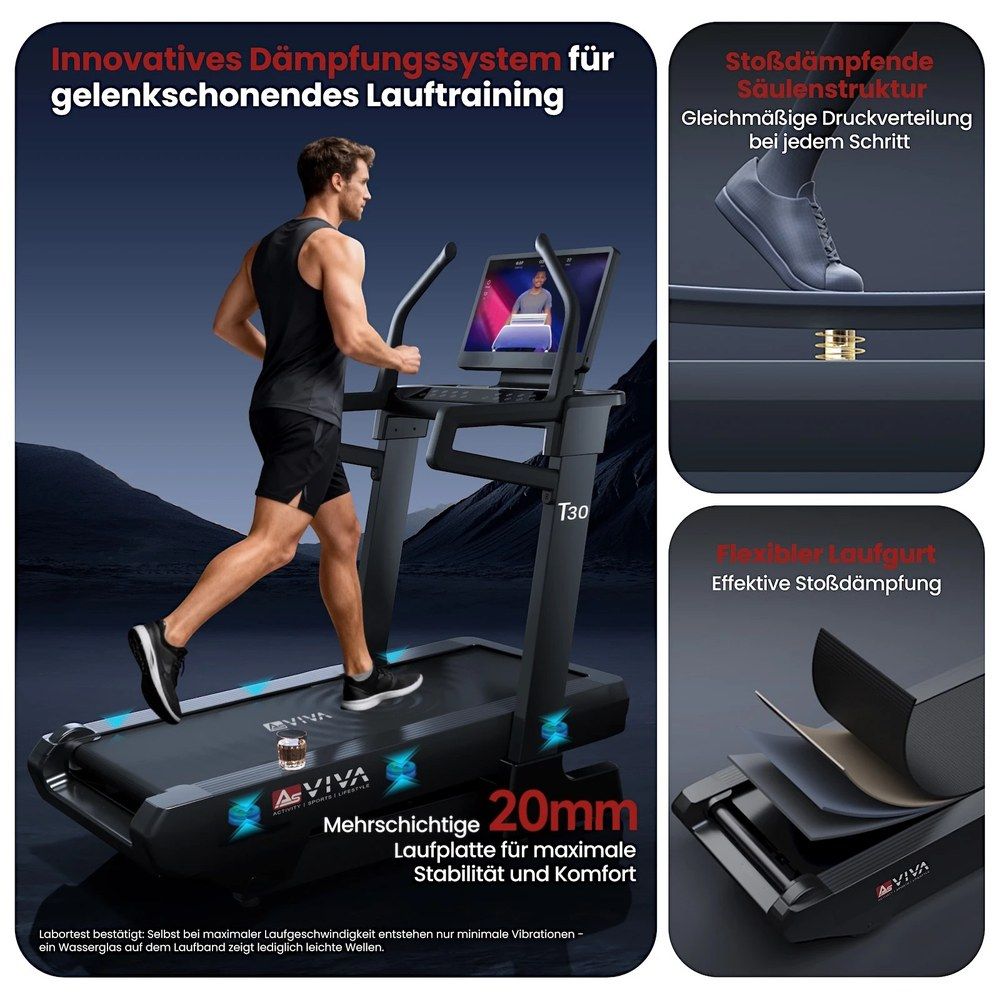 Mann auf AsVIVA Laufband T30 Pro Max Climb Marathon mit stoßdämpfender Säulenstruktur.