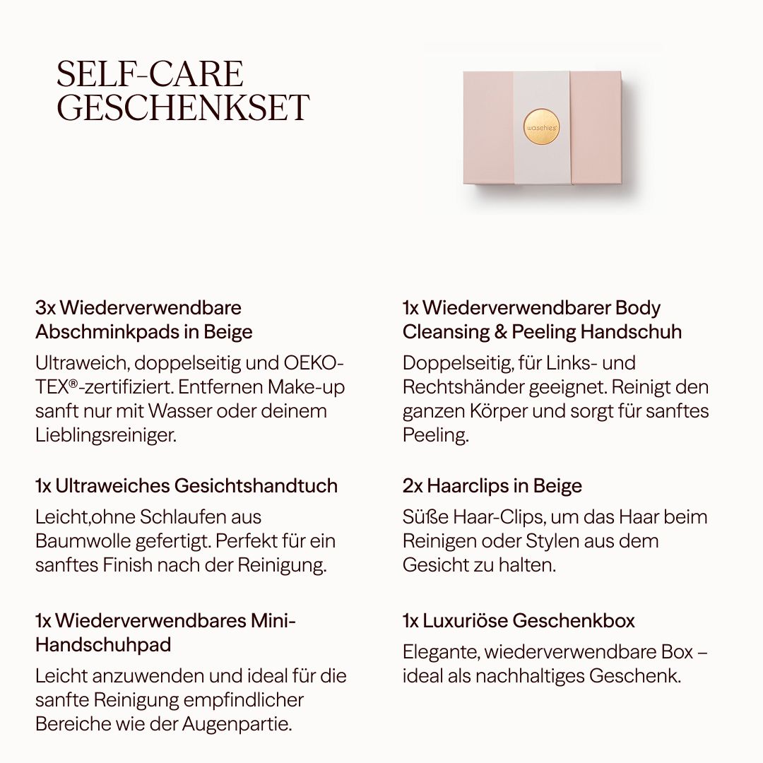 Produktübersicht: Waschies Geschenkset. Enthält Pads, Handschuh, Haarklammern, Handtuch, Geschenkbox.