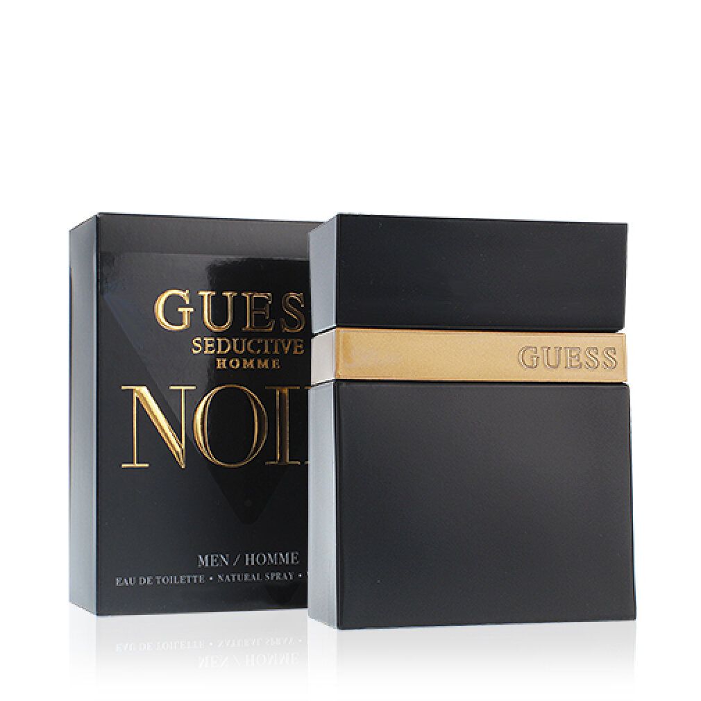 Schwarzer Flakon und Verpackung. Goldener Schriftzug: GUESS Seductive Homme Noir. Eau de Toilette. 100 ml.