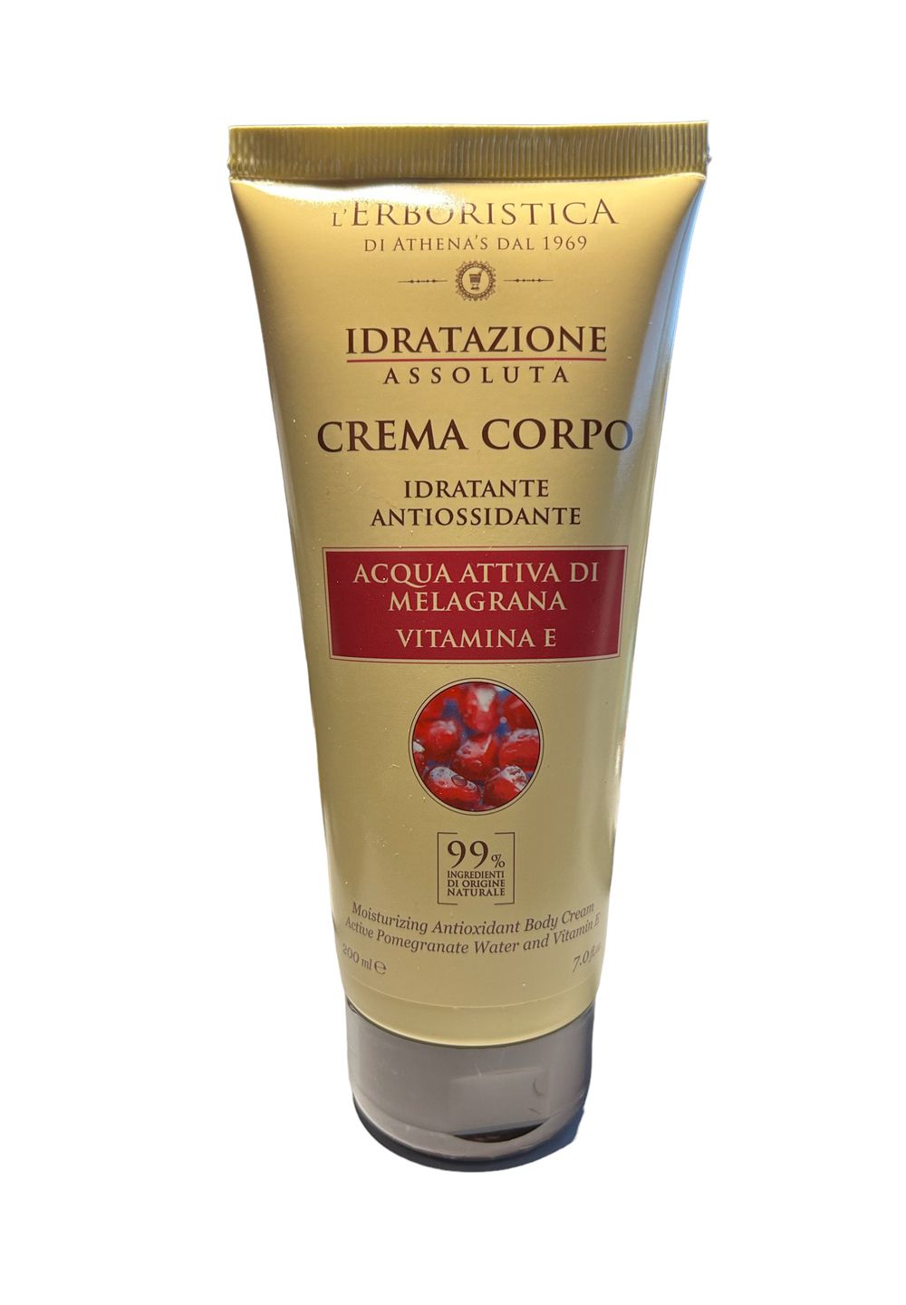 Creme-Tube. Aufschrift: IDRATAZIONE ASSOLUTA CREMA CORPO. Enthält Granatapfel-Wasser und Vitamin E. 99% natürliche Inhaltsstoffe.