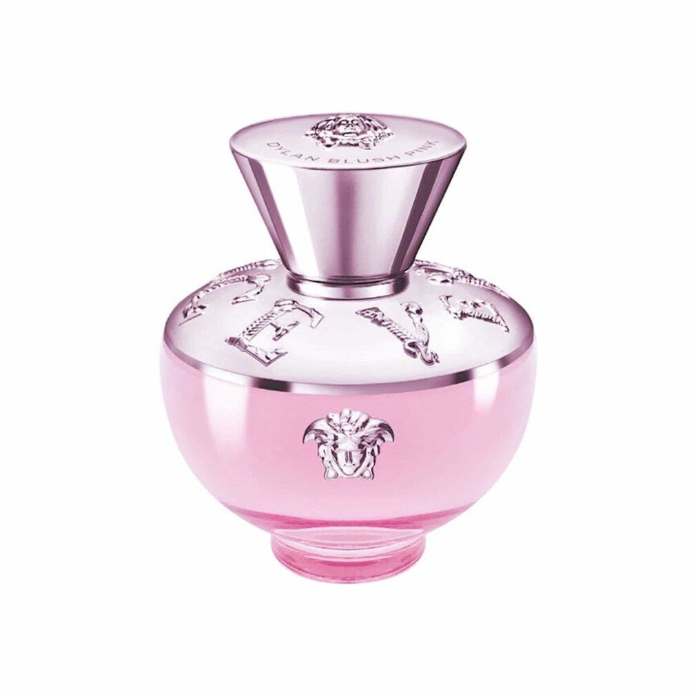 Versace Dylan Blush Pink Eau de Parfum Flakon mit silbernem Medusa-Kopf und Verzierungen.