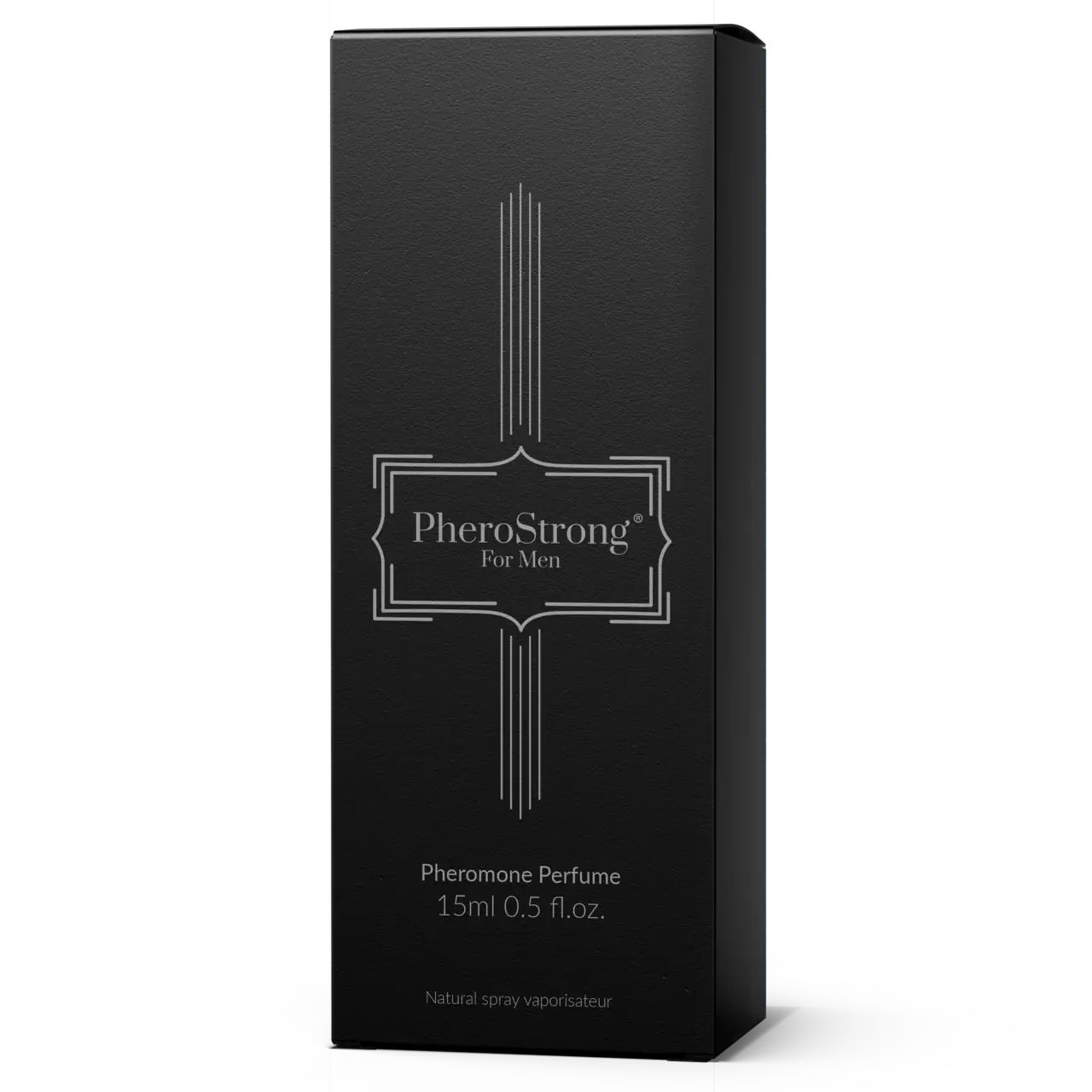 Schwarze Schachtel mit Aufschrift PheroStrong For Men. Pheromon-Parfüm, 15ml, 0,5 fl.oz. Natürlicher Spray-Zerstäuber.