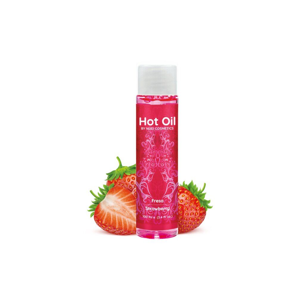 Rote Flasche mit weißem Deckel, Erdbeeren daneben. Aufschrift: Hot Oil, NUEI cosmetics, Fresa Strawberry. 100 ml.