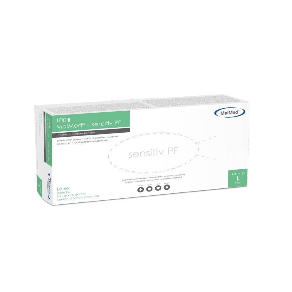 Verpackung von MaiMed sensitiv PF. Weiße Schachtel mit grünen und blauen Akzenten. Aufdrucke: Marke, Produktname, Latex, Größe L, 100 Stück.