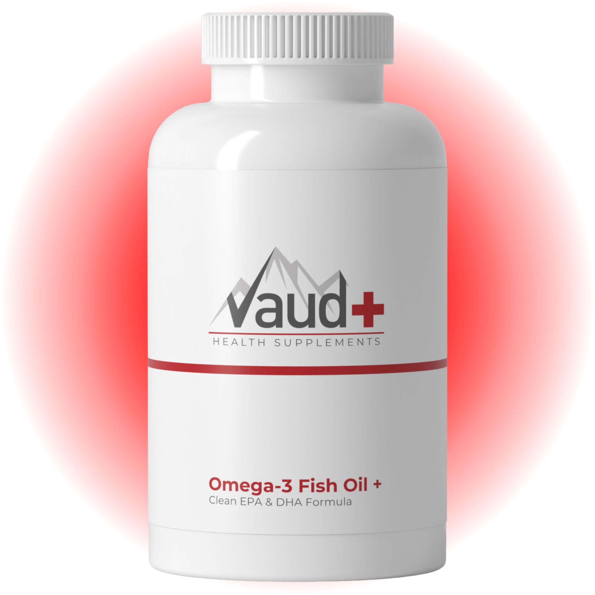 Weiße Flasche mit Omega-3 Fischöl. Roter Hintergrund. Aufschrift: VAUD+ HEALTH SUPPLEMENTS. Omega-3 Fish Oil + Clean EPA & DHA Formula.
