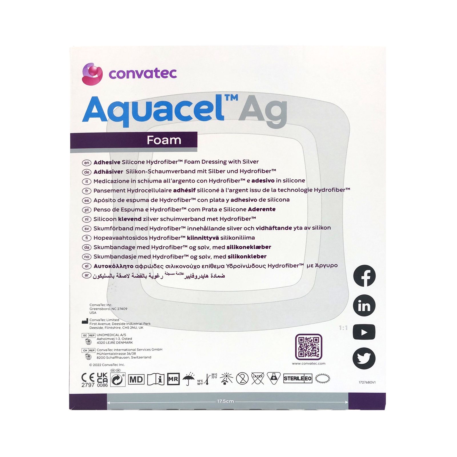 Verpackung mit Produktnamen Aquacel Ag Foam. Mehrsprachige Produktinformationen. Logo Convatec. Zertifizierungen CE und MD. Quadratische Form.