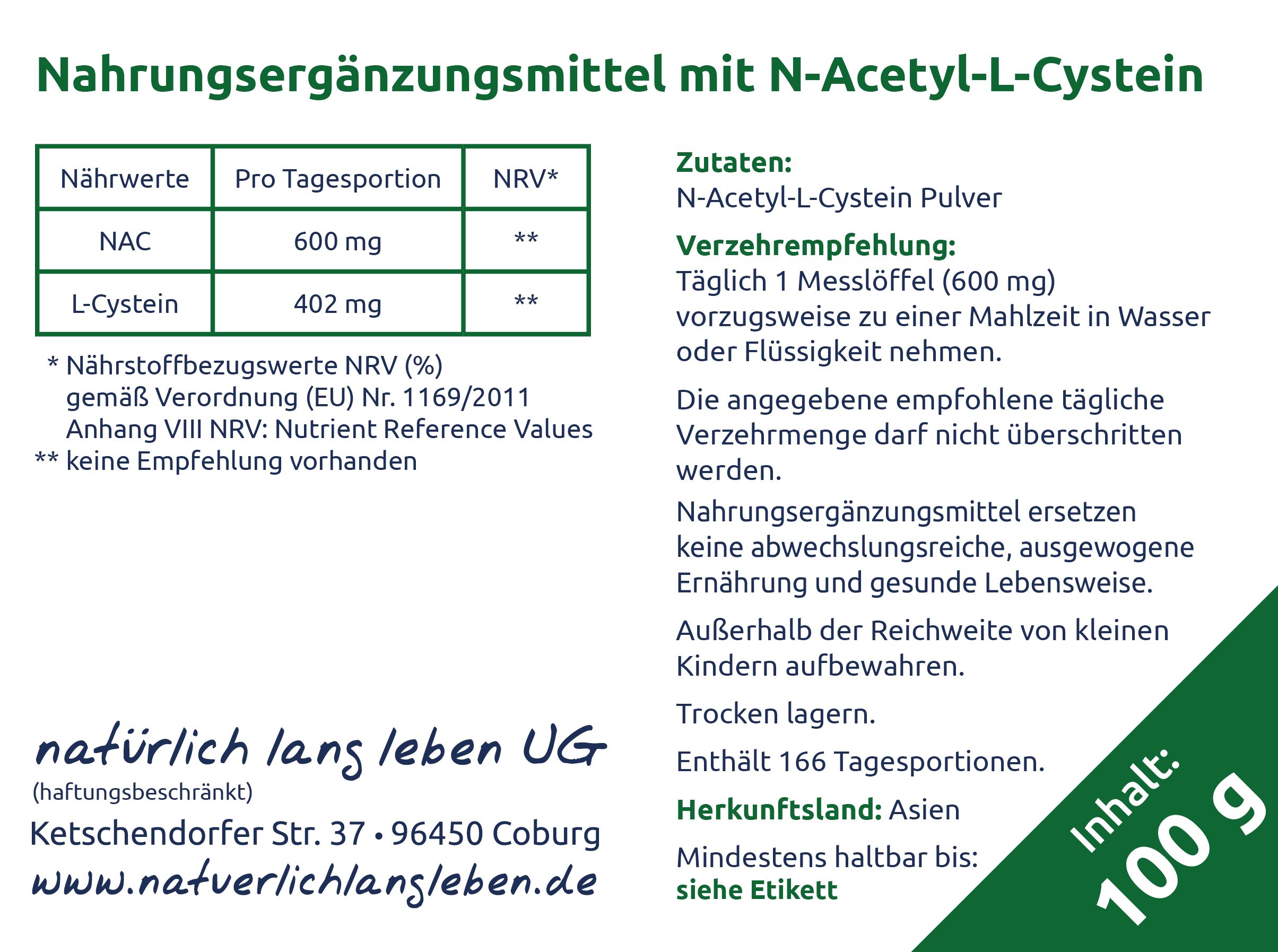 Detailansicht der Produktinformationen. Tabelle mit Nährwerten und Zutaten. Text: natürlich lang leben UG, 100 g, vegan.