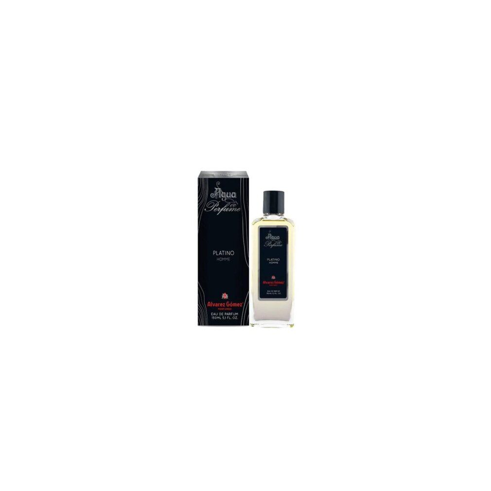 Alvarez Gómez Platino Homme Eau De Parfum Flakon und Verpackung. Schwarze Verpackung mit Produktnamen. Flakon mit schwarzem Verschluss.