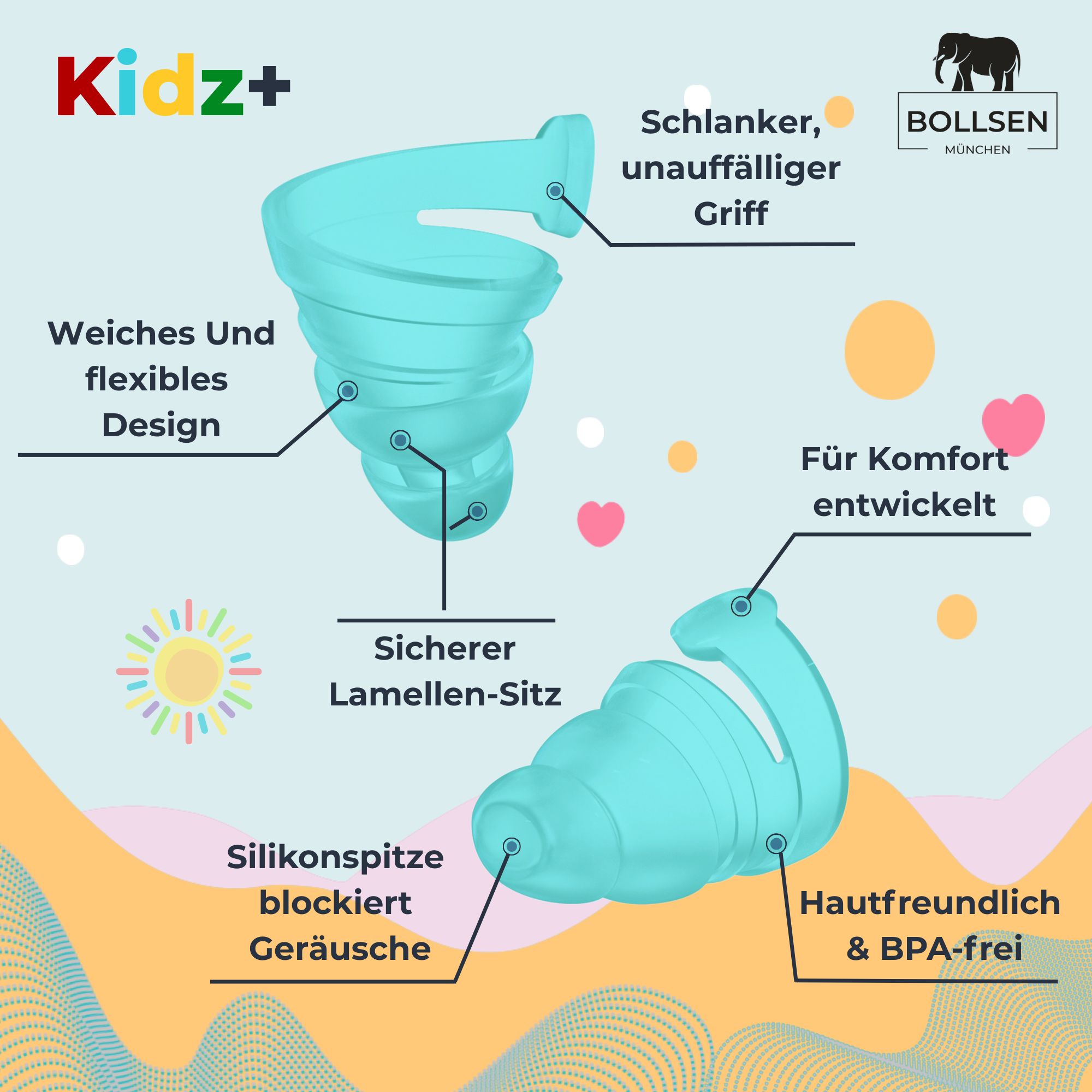 BOLLSEN Kidz+ Ohrstöpsel: Weiches, flexibles Design, schlanker Griff, sicherer Lamellen-Sitz. Hautfreundlich.