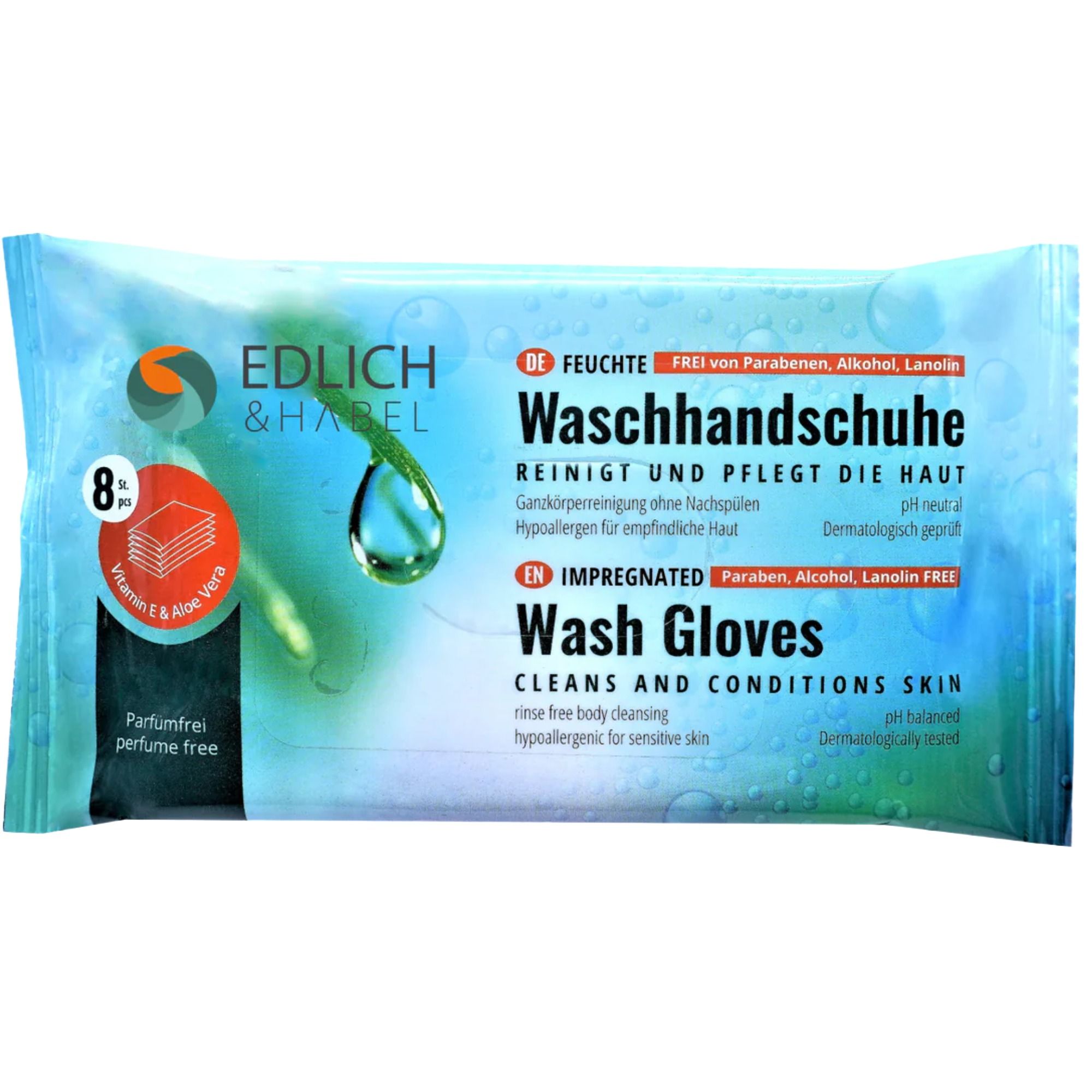 Edlich & Habel Feuchte Waschhandschuhe Waschlappen parfümfrei mit Aloe Vera 8 St