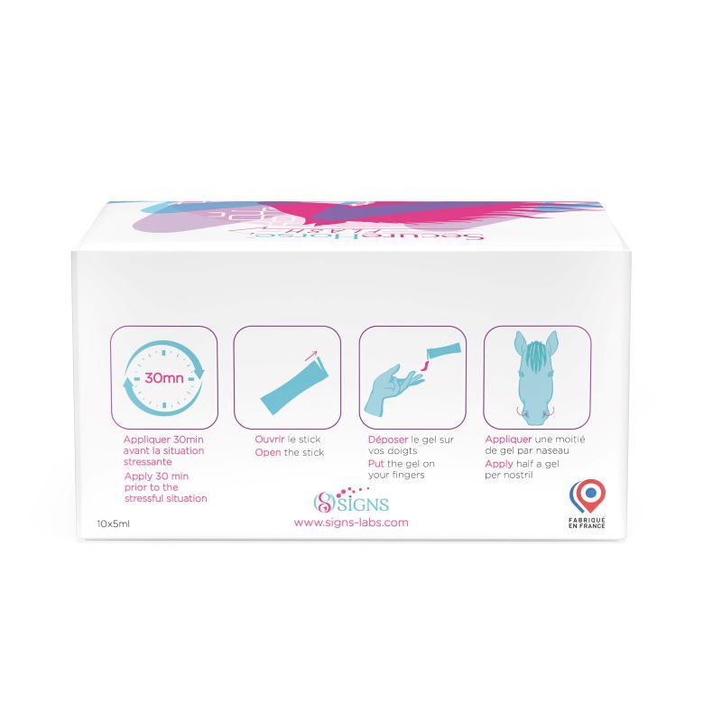 Rückseite der SecureHorse FLASH-Verpackung. Anweisungen in Piktogrammen: Anwendung, Öffnen, Auftragen, Nase. 10x5ml.