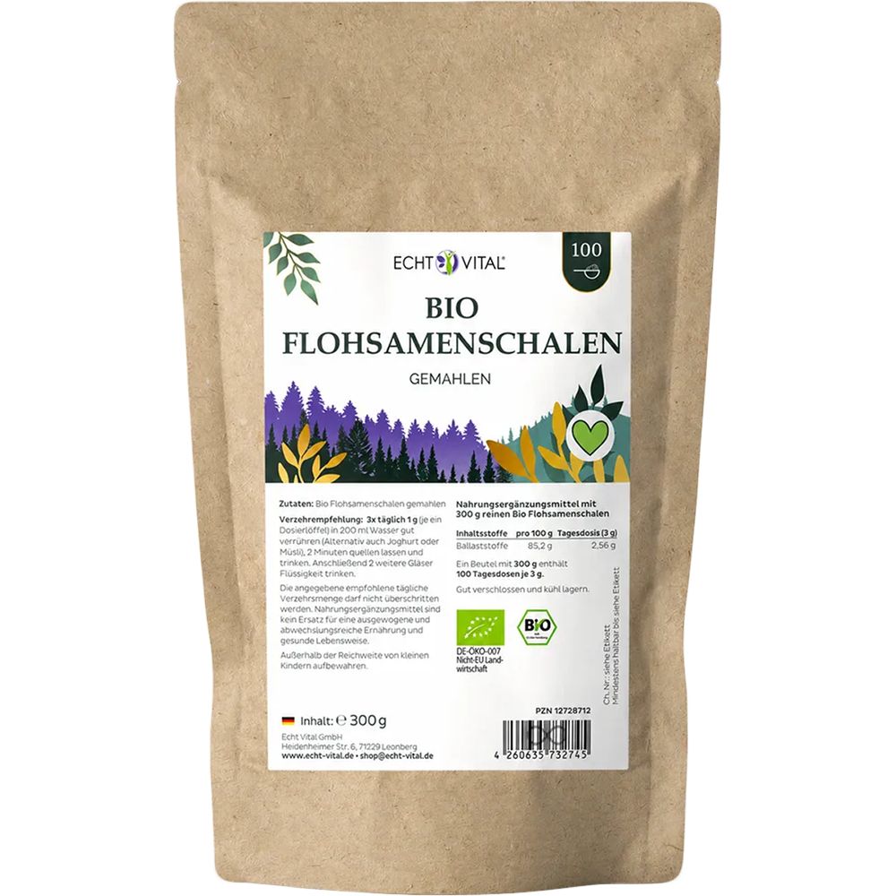 Echt Vital Bio Flohsamenschalen gemahlen in brauner Papiertüte mit Fenster und Produktinformationen.