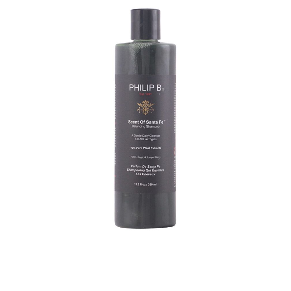 Dunkelgrüne Shampoo-Flasche mit schwarzem Deckel. Aufschrift: Philip B. Scent of Santa Fe Balancing Shampoo. 11.8 fl oz / 350 ml.