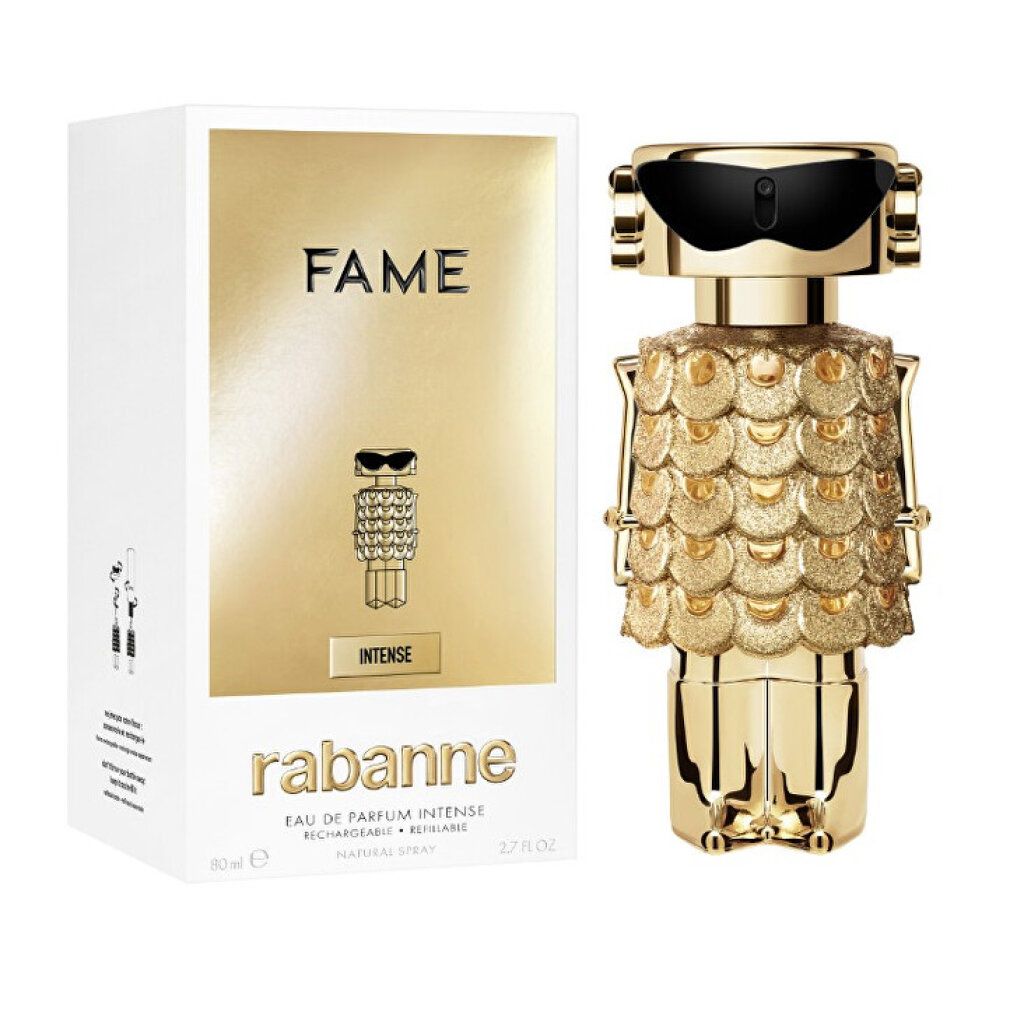Goldener Flakon und Verpackung. Flakon in Roboterform, goldene Schuppen. Verpackung mit Logo und Text.