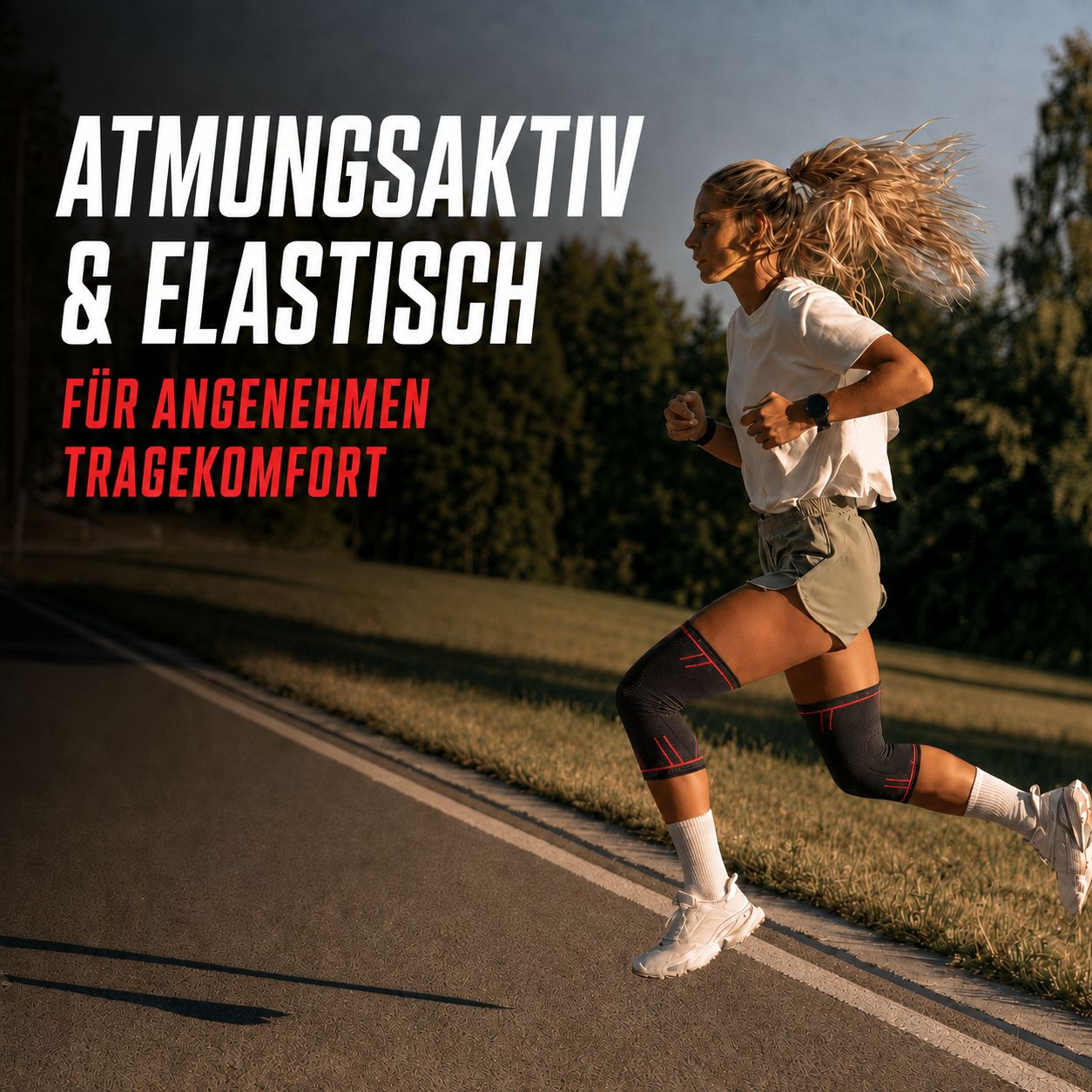 Eine Frau läuft auf einer Straße, trägt Kniebandagen mit roten Akzenten.