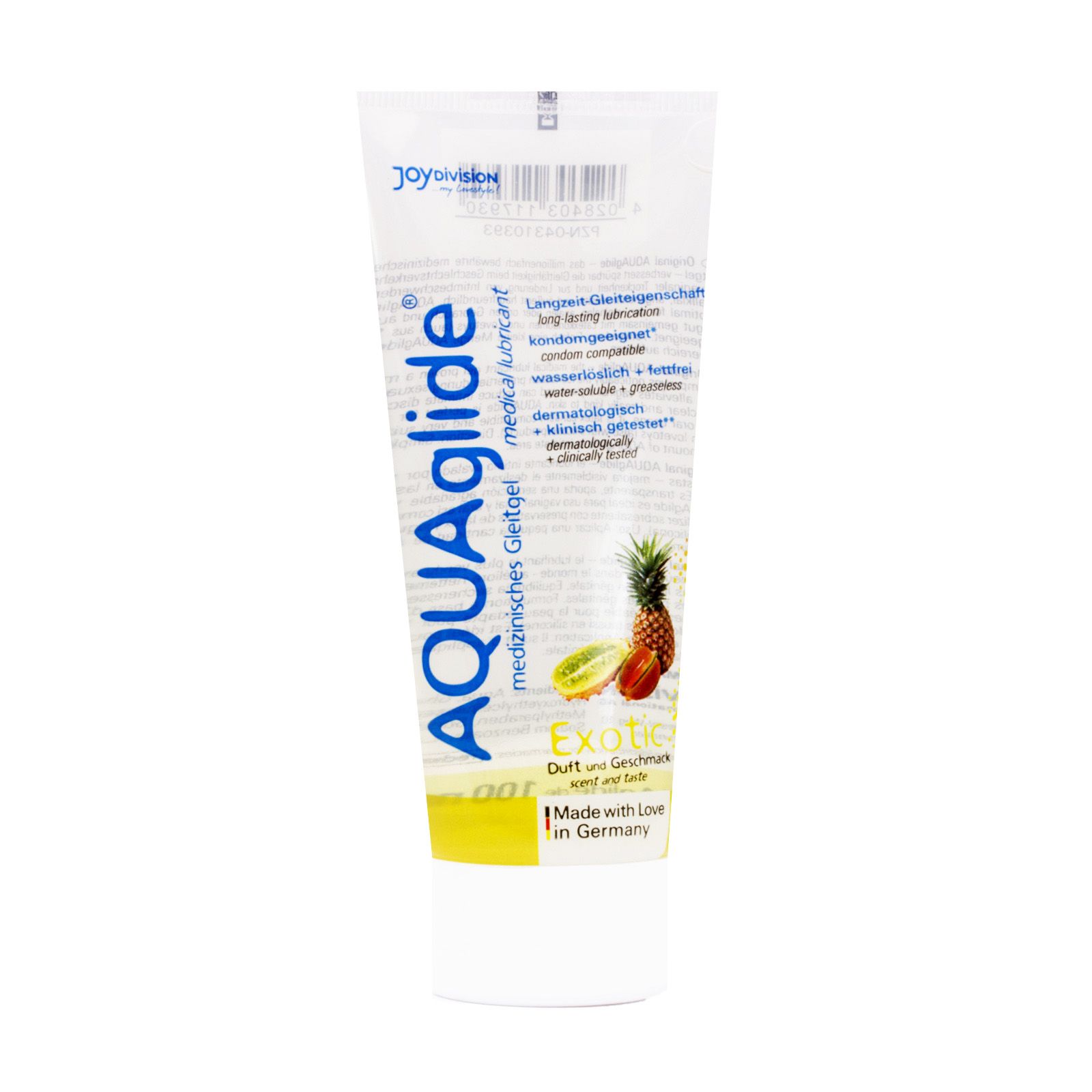 Tubo bianco di gel lubrificante AQUAglide al gusto esotico. Scritta: medicale, Exotic, Made with Love in Germany. Illustrazione di ananas e kiwi.
