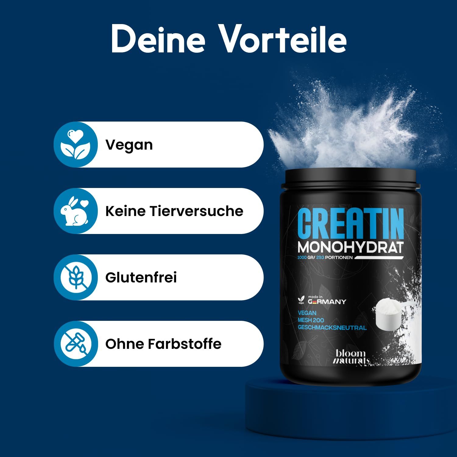 Produkt mit Texten: Vegan, Keine Tierversuche, Glutenfrei, Ohne Farbstoffe. Dose CREATIN MONOHYDRAT.