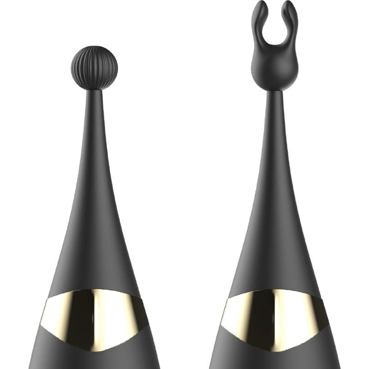 Zwei schwarze Vibrator-Spitzen nebeneinander. Eine mit Kugel, die andere mit einer abgerundeten Spitze. Goldfarbene Akzente.