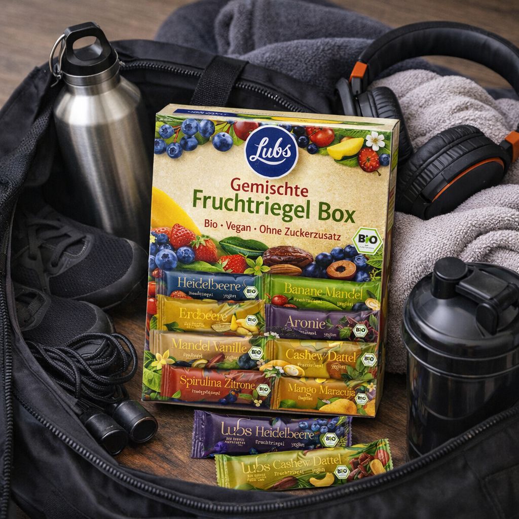 Box mit gemischten Fruchtriegeln, Bio, vegan, ohne Zuckerzusatz. Umgeben von Sportausrüstung: Tasche, Flasche, Kopfhörer.