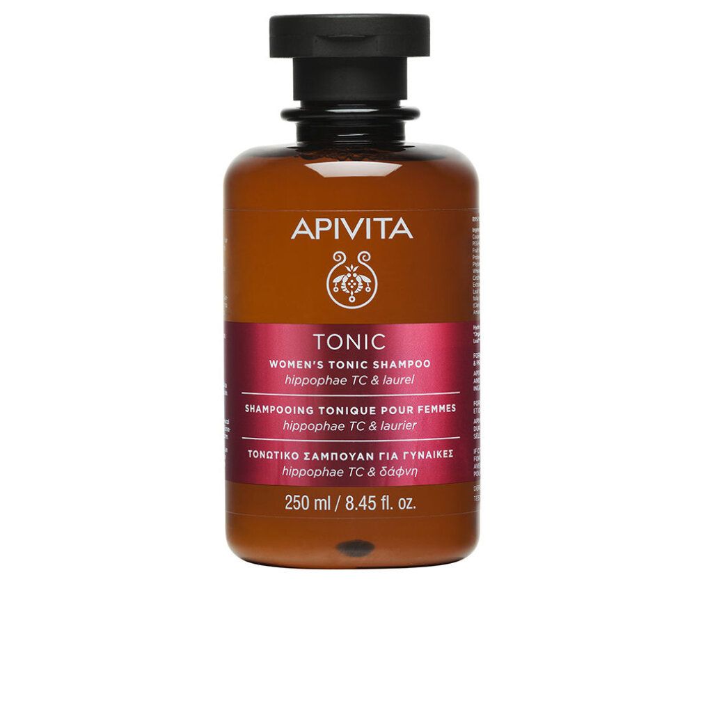 APIVITA TONIC Shampoo-Flasche. Braune Flasche mit schwarzem Deckel. Rotes Etikett mit Produktnamen und Text.