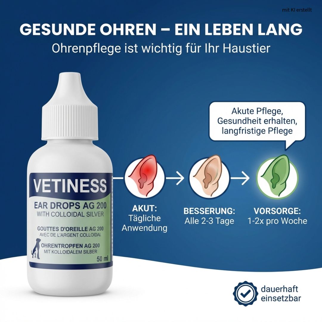 Flasche mit blauer und grüner Beschriftung. Text: Vetiness Ear Drops AG 200 with colloidal silver. Gesunde Ohren - ein Leben lang.