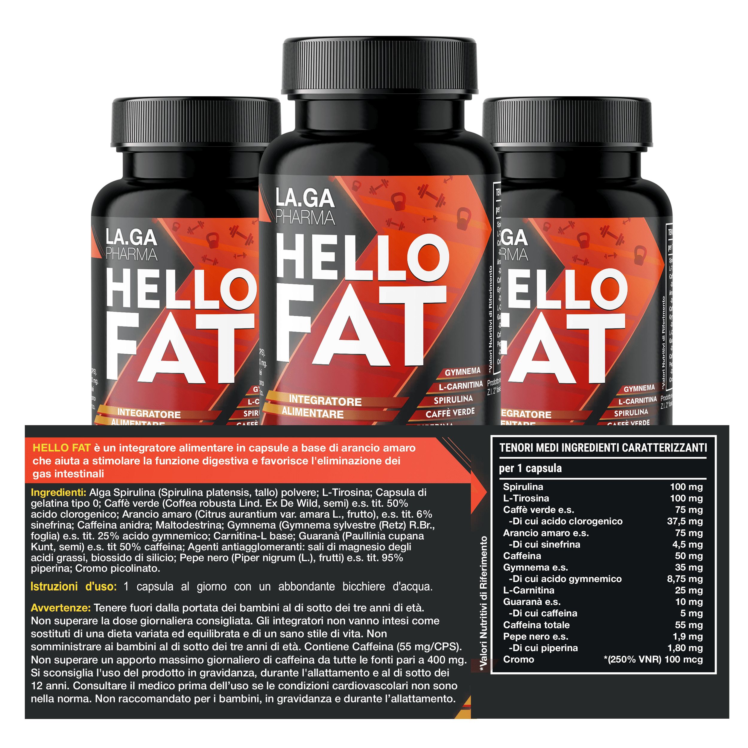 HelloFat© Fettverbrenner mit Spirulina, L-Tyrosin, Bitterorange, Piperin, Chrom. Schlankheitsmittel,