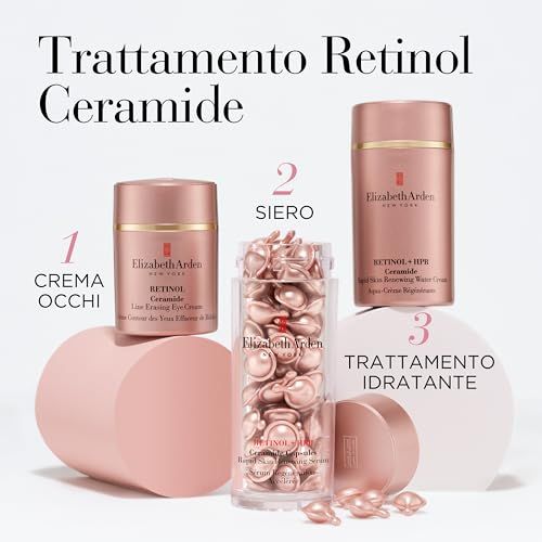 Drei Produkte: Augencreme, Kapseln, Feuchtigkeitspflege. Elizabeth Arden. Retinol Ceramide. Rosa Verpackung.
