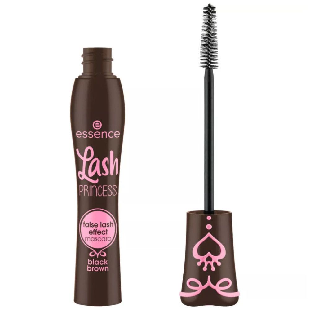 Mascara-Tube und Bürste. Aufschrift: Essence Lash Princess. Farbe: Black Brown. Rosa Akzente.