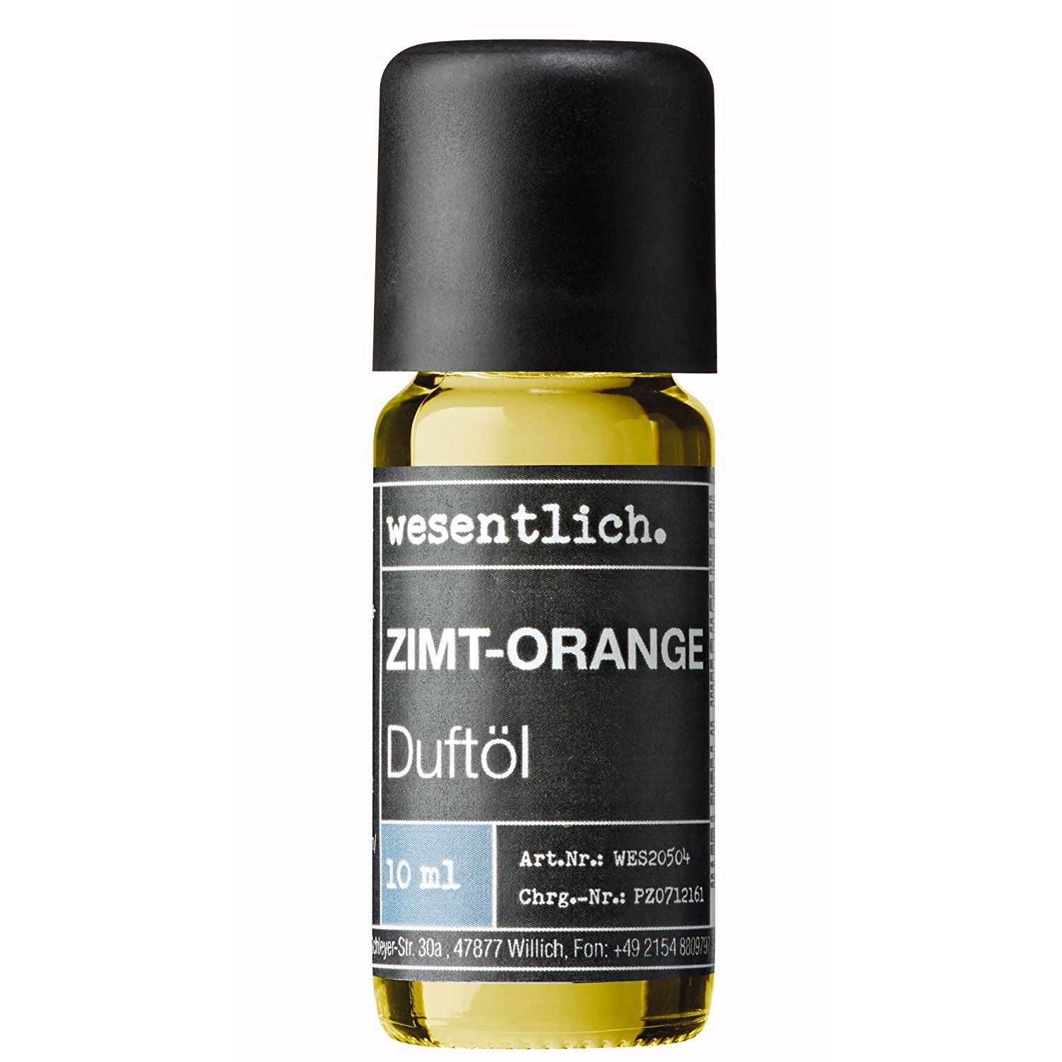 Braune Glasflasche mit schwarzem Deckel. Etikett mit Text: Zimt-Orange Duftöl, 10 ml. Marke: wesentlich.