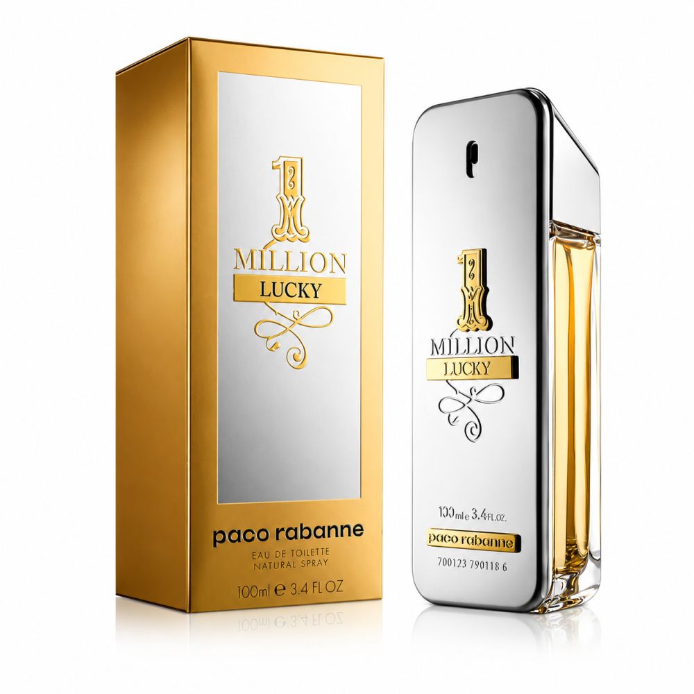 Paco Rabanne 1 Million Lucky Eau de Toilette Set mit Flakon und goldener Verpackung.