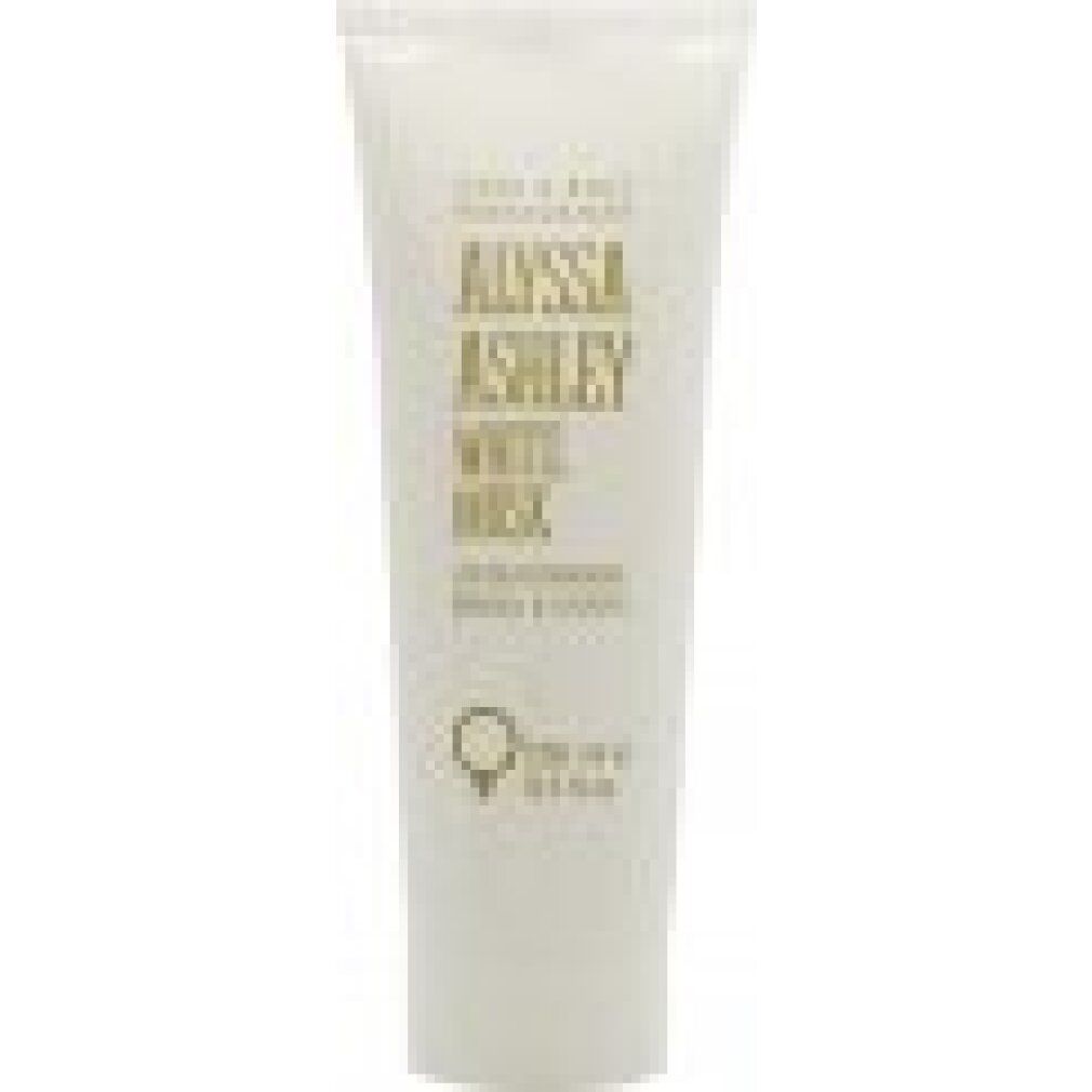 Weiße Tube mit Alyssa Ashley White Musk. Text: Hand & Body Moisturiser, Lotion Hydratante Mains & Corps. 250 ml.