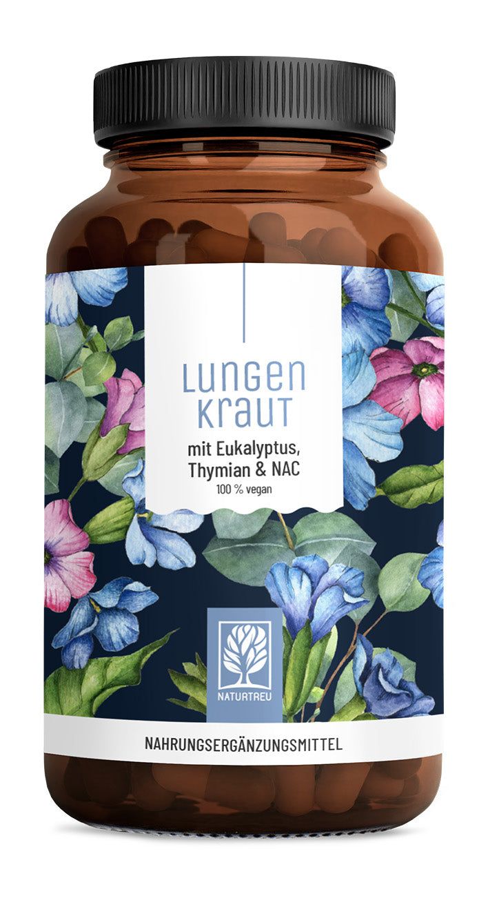 Braune Flasche mit schwarzen Deckel. Etikett mit floralem Muster und Produktinformationen: Lungenkraut, Eukalyptus, Thymian & NAC. NATURTREU® Logo.