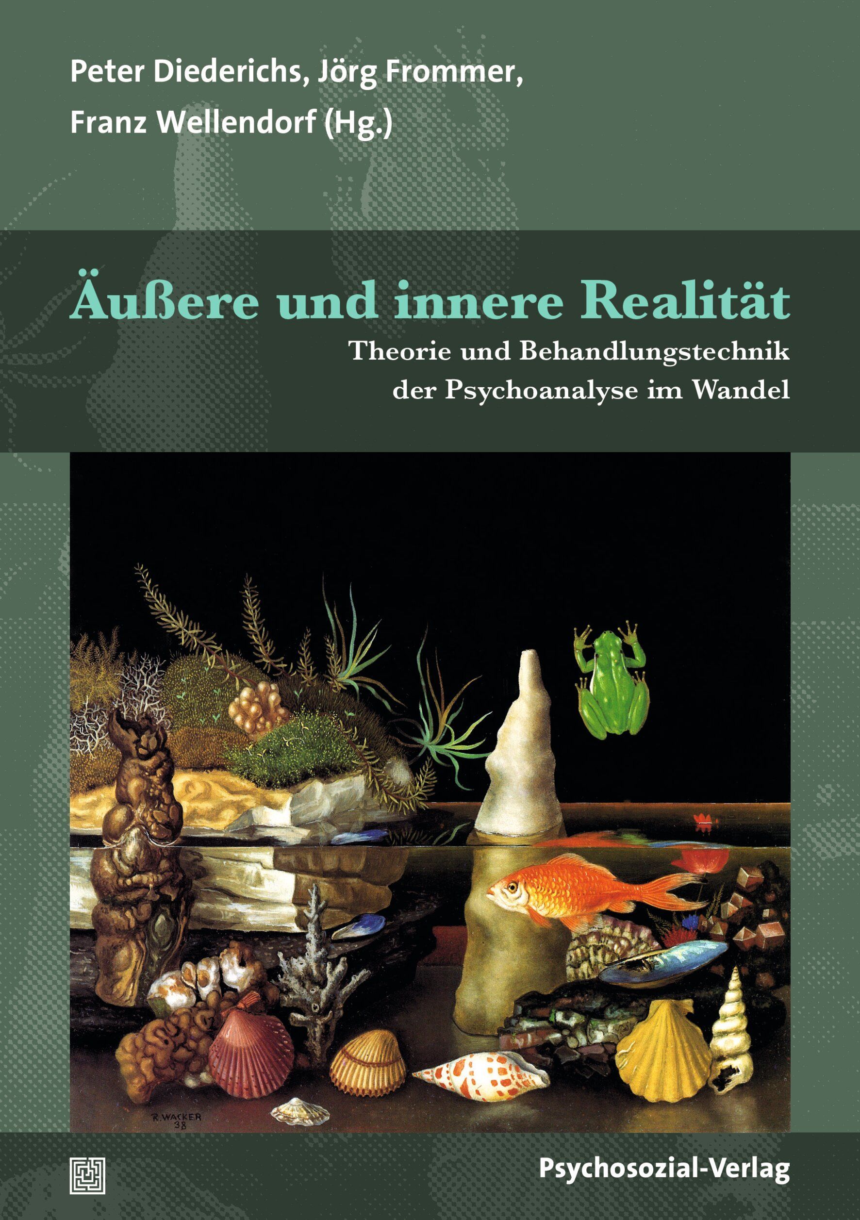 Buchcover: Äußere und innere Realität. Titel und Autoren. Illustration mit Fischen, Muscheln und Frosch. Verlag: Psychosozial-Verlag.
