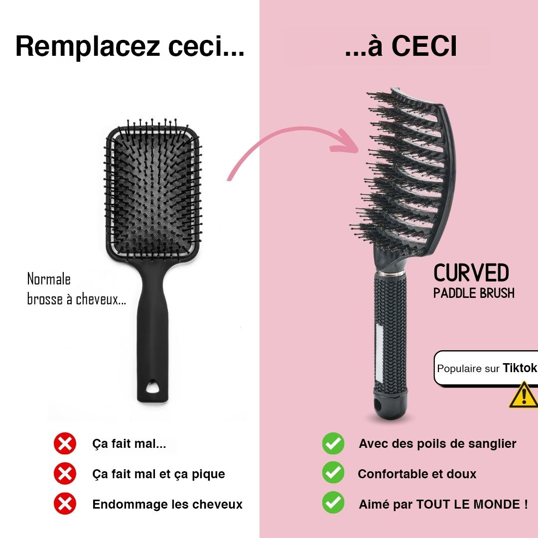 Comparaison d'une brosse à cheveux normale et d'une brosse à palette incurvée. Texte : Curved Paddle Brush.